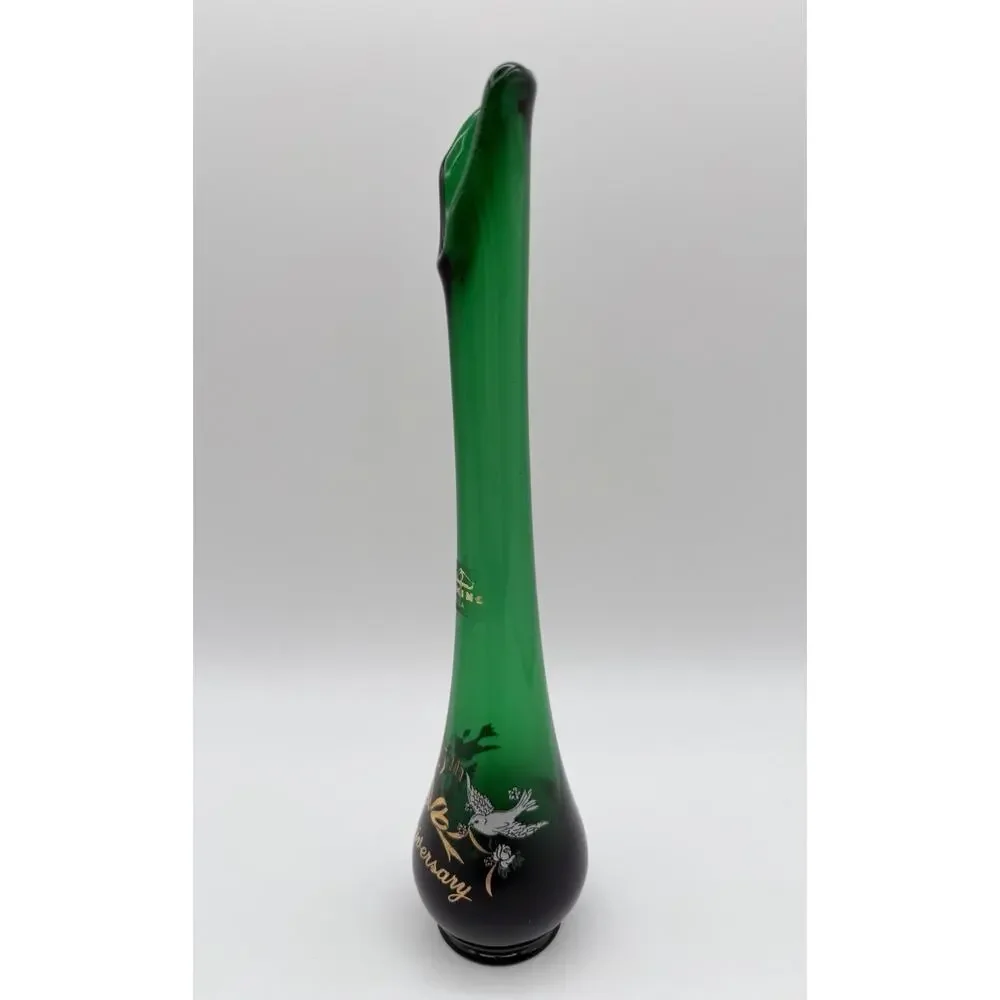 Viking Emerald Green Swung Glass Bud Vase 10.5” 35th Anniversary with Label MCM